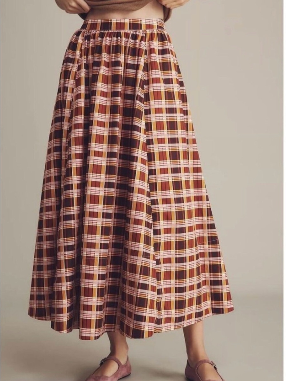 Maeve Plaid A-Line Skirt Plaid A-Line Maxi Skirt in Brown  size XL - Picture 3 of 5